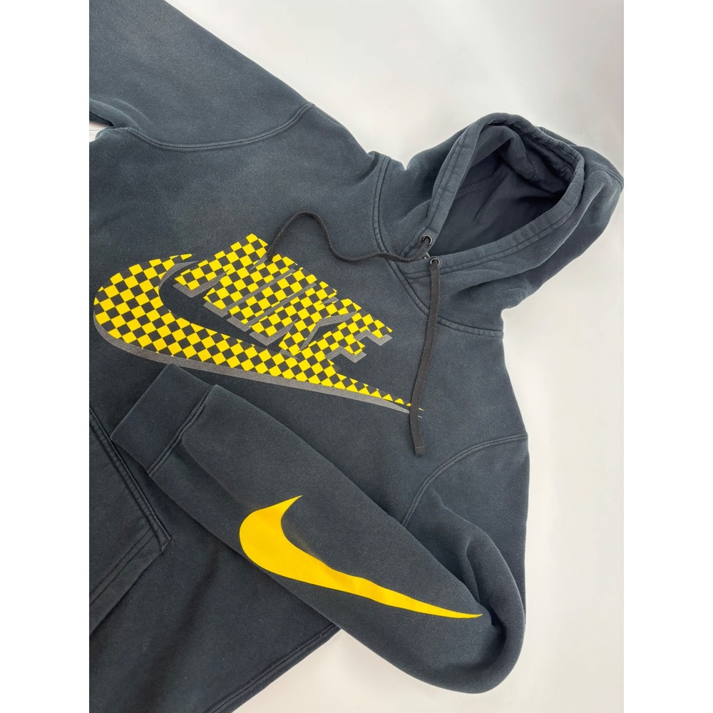 Nike Mens Sportswear Hoodie Black Yellow Checkered Logo Graphic Pullover Medium